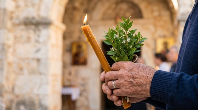 Festival Panagia Myrtidiotissa, Close-up of a devotee's hands holding a long beeswax candle and a sprig of myrtle leaves