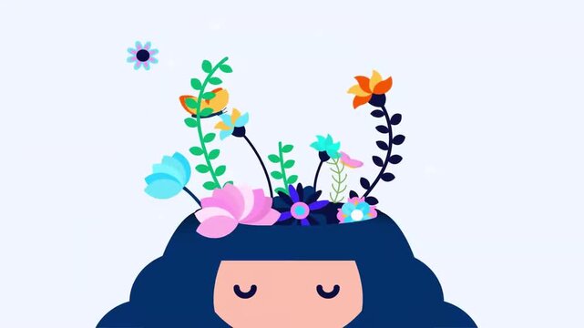 Mental Health, Creativity, and Mindfulness Concept Animation. Woman Relaxing with Blooming Flowers Growing From Her Head.