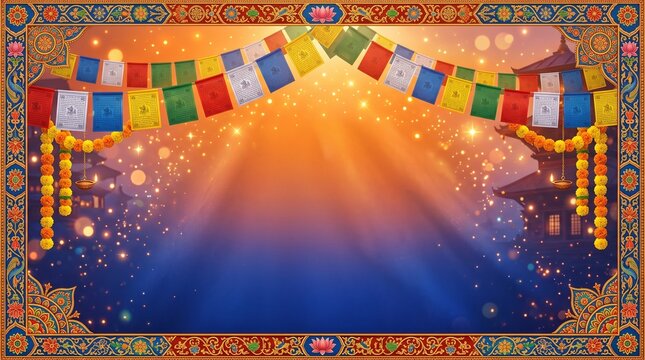 Gai Jatra festival banner background, vibrant saffron and royal blue gradient, traditional Nepalese decorative patterns along borders