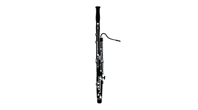 Detailed black silhouette of a classic bassoon musical instrument isolated on a pure white background featuring intricate mechanical keys and a thin curved metal bocal pipe
