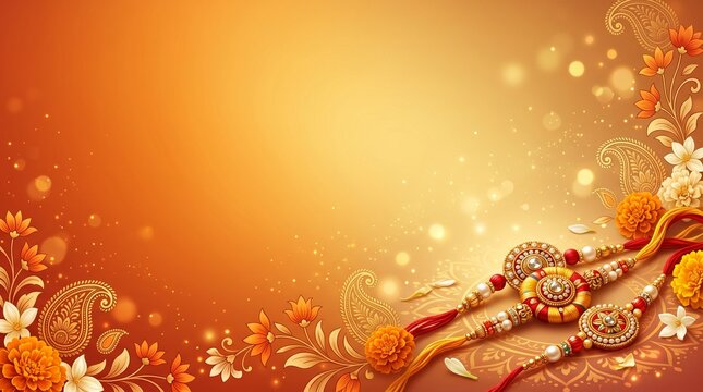 Raksha Bandhan wallpaper background, orange to golden gradient, decorative rakhi elements and floral motifs