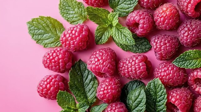 Fresh raspberries and mint leaves on vibrant pink background