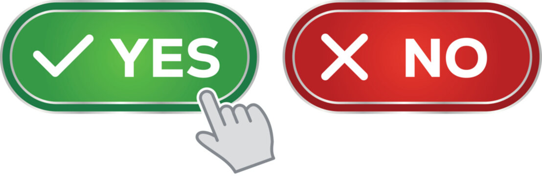 Green Yes and Red No Button Set with Hand Cursor Click UI Vector Illustration