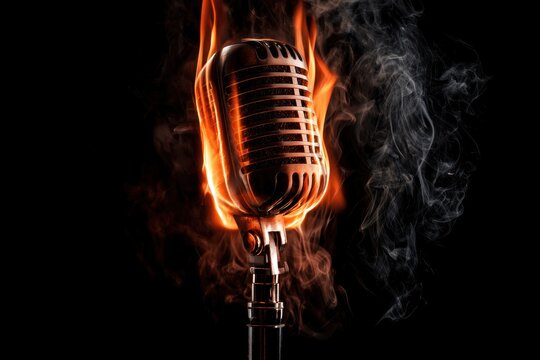 Professional retro microphone burning with blazing fire and wisps of smoke in a dark cinematic studio for concert posters and podcasting marketing