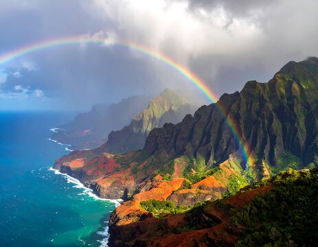 Stunning vista of coastal cliffs meeting turquoise water under a vibrant double rainbow in a scenic landscape