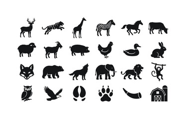 Obraz premium Wild Farm Glyphs. Solid glyph icon set of farm and wildlife animals: deer, tiger, giraffe, zebra, horse, cow, sheep, goat, pig, chicken, duck, rabbit, fox, bear, wolf, elephant, lion, monkey, owl,