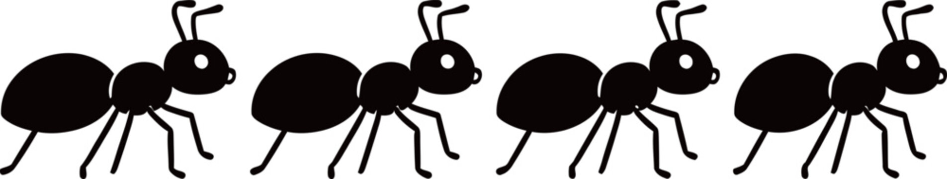 Four black ant silhouettes in a row, depicted in a simple cartoon style