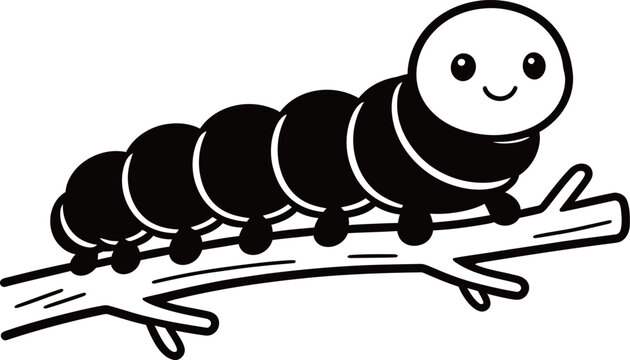 Black and white cartoon caterpillar crawling on a branch