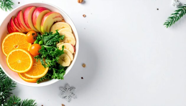Healthy Christmas Fruit Bowl with Oranges Apples and Bananas.