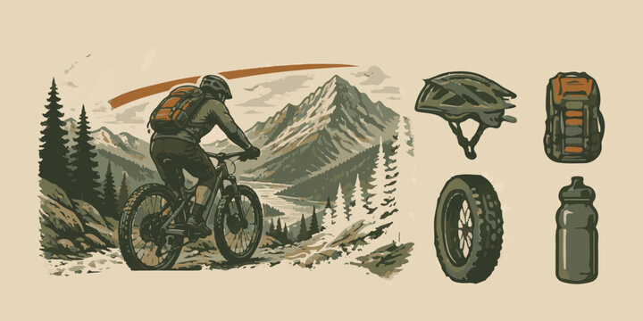 Mountain bike rider in nature landscape vector illustration with cycling equipment gear icon set.