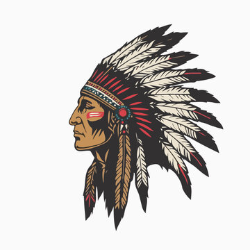 Native American chief profile wearing traditional feather headdress vector illustration.
