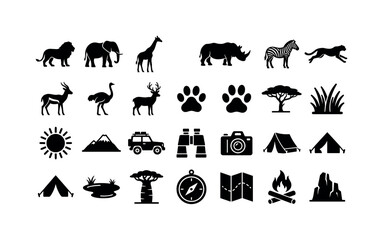 Fototapeta premium Safari Wildlife Glyphs. Solid glyph icon set of safari animals and habitat: lion, elephant, giraffe, rhinoceros, zebra, cheetah, antelope, ostrich, deer, paw print, acacia tree, tall grass, sun,