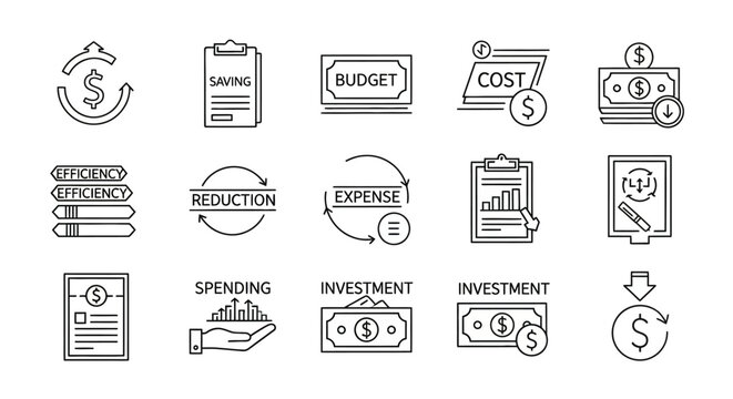 A collection of black and white financial icons on a white background