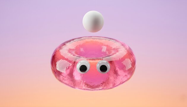 Abstract 3D glossy pink jelly torus with googly eyes and matte white sphere on lavender background misso art
