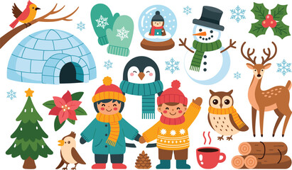 Fototapeta premium Festive winter holiday vector illustration featuring snowman, animals, children, cozy accessories, and seasonal decorative elements