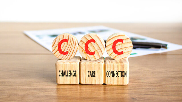 CCC challenge care connection symbol. Concept words CCC challenge care connection on beautiful wooden circles. Beautiful wooden background. Business CCC challenge care connection concept. Copy space.