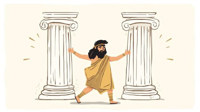 Samson Pushing Temple Pillars Biblical Minimalist Illustration
