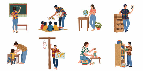 Set of diverse teachers and students in various educational activities featuring reading geography writing and classroom scenes in a flat illustration style © Enem
