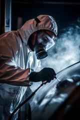 Fototapeta premium Panelbeater Full Respirator Spraying Primer on Car Hood in Paint Booth, Mist Cloud, High Contrast Dramatic Lighting
