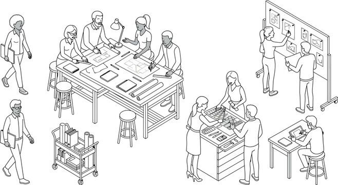 Architects and designers working in a modern office, team collaboration on architectural blueprints and design projects, isometric vector illustration transparent background