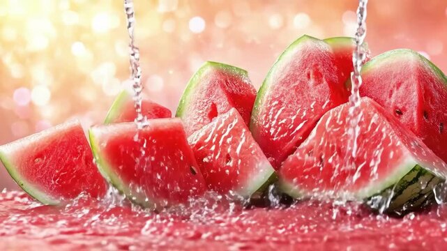 Fresh juicy watermelon slices with splash against sparkling background