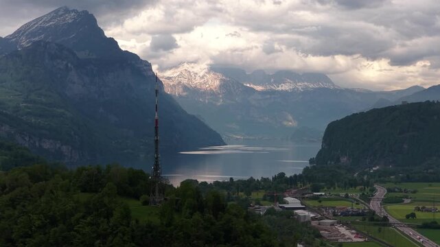 Lake Walen Walensee Glarus Alps mountains dramatic cliffs, aerial drone