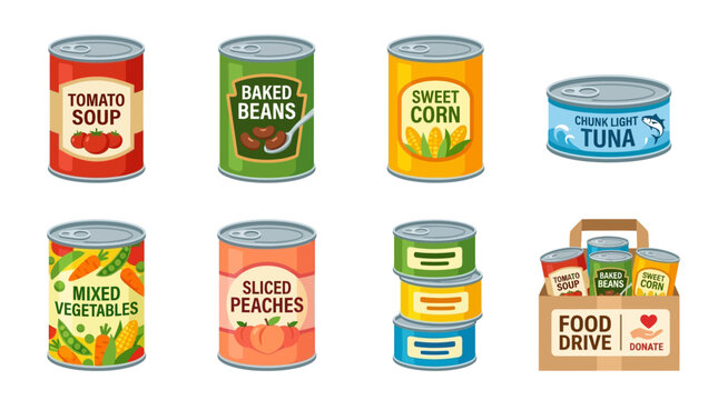 A Vector Set of assorted colorful cans and a cardboard box for a food drive on a table indoors.