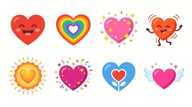 A colorful Vector Set of heart emoticons and sun icons with various expressions and decorations