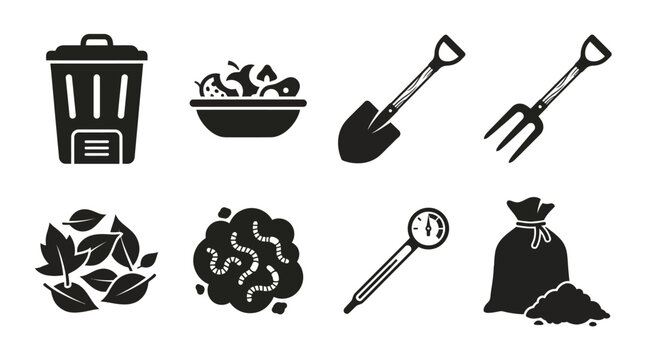 Vector Set of Gardening and Waste Management Icons including Trash Can, Compost, Tools, and Bags
