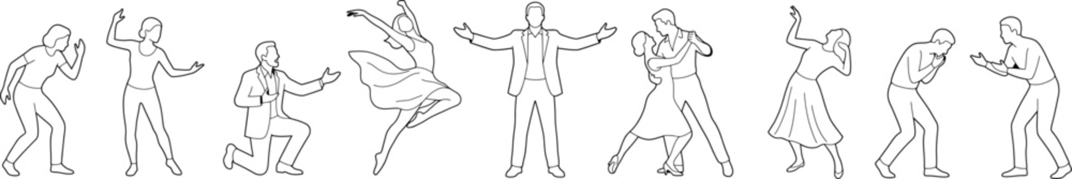 Set of line art illustrations of people dancing and performing, including couples dancing, a man proposing, and expressive poses transparent background