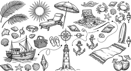 Obraz premium Vintage hand drawn summer nautical vector collection with lighthouse fishing boat anchors seashells and beach elements isolated on white background