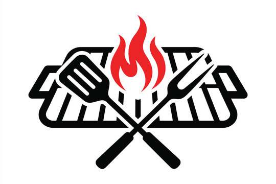 Bbq grill icon with utensils and flames
