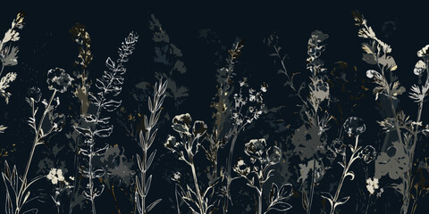 Wildflower meadow floral ornament dark background vector illustration © Prodip