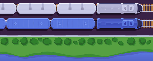 Train wagons on the railway along the coast top view, vector flat modern express passenger trains locomotive wagon © sabelskaya