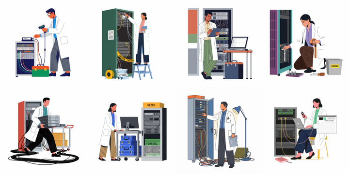 Set of illustrations showing digital forensic experts and IT technicians working on server racks, collecting evidence, and maintaining computer hardware in a lab.