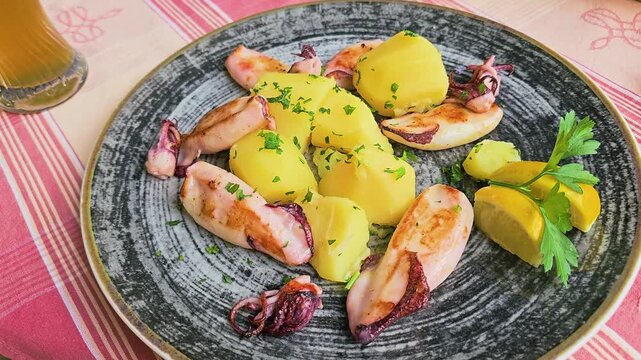Fresh grilled squid and potatoes on a rustic ceramic plate with lemon garnish, parsley, and illustrated tourist map menu, Mediterranean seafood meal at an outdoor restaurant.