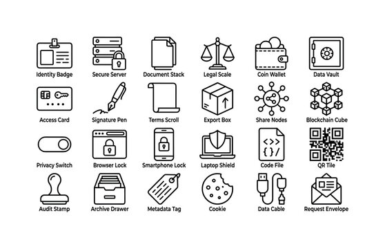 Ownership Ledger Icons. Line icon set of data ownership: identity badge, secure server, document stack, legal scale, coin wallet, data vault, access card, signature pen, terms scroll, export box,