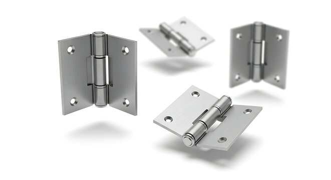 Four metal door hinges on white.