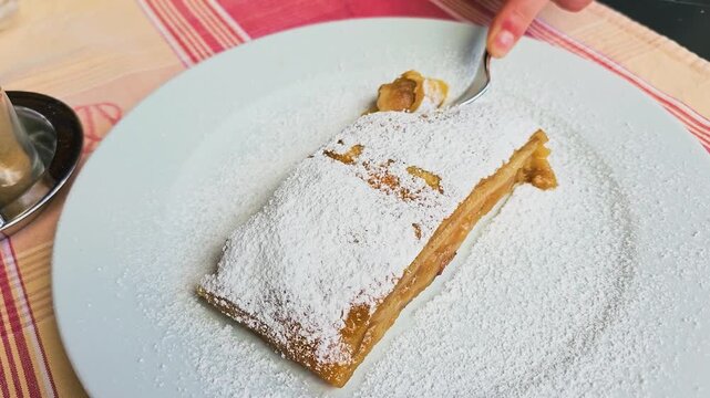 Close up video of a fork cutting a piece of apple strudel covered in powdered sugar, traditional Austrian dessert on a white plate at a sunny European patio cafe, travel food scene.