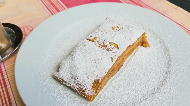Fresh apple strudel dessert with flaky golden pastry, powdered sugar, and sweet apple filling on a white plate, classic Austrian cafe food at a sunny European restaurant patio table outside.