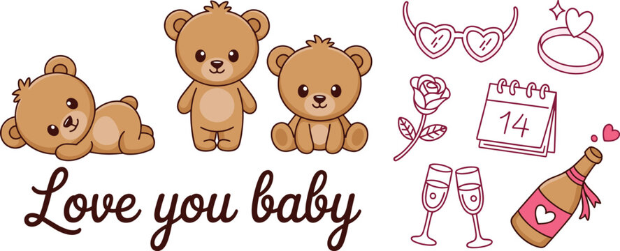 "Adorable romantic teddy bear cartoon illustration with love symbols, champagne, hearts, and Valentine&rsquo;s Day celebration elements"