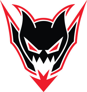 Aggressive black and red monster head featuring sharp teeth and glowing red eyes with pointed horns design