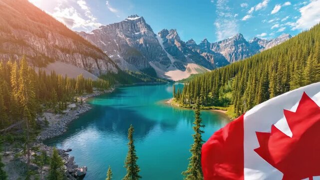Breathtaking view of canadian flag waving by moraine lake with mountain backdrop in canada. Independence Day of Canada