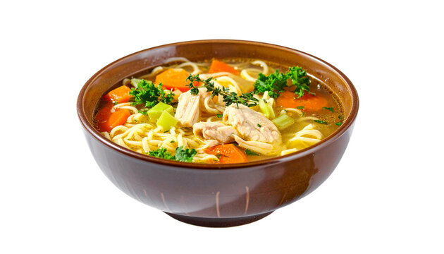 Bowl of chicken noodle soup with vegetables and herbs, visible steam, isolated on transparent background