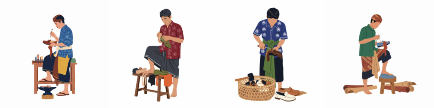 Illustration set of Indonesian male artisans in traditional dress meticulously crafting handmade leather shoes and footwear in a workshop setting.