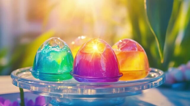 Colorful translucent gelatin desserts in sunlit setting. Easter, Pascha, Paskha, Ostern, Pascua, Paques - Orthodox and Catholic Holiday celebration