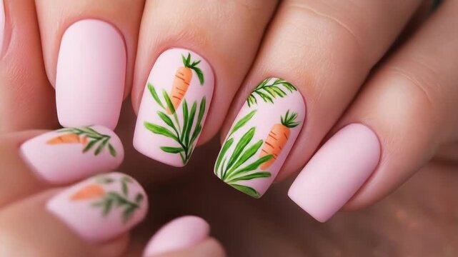 Pink manicure with carrot and leaf nail art on short nails. Easter, Pascha, Paskha, Ostern, Pascua, Paques - Orthodox and Catholic Holiday celebration