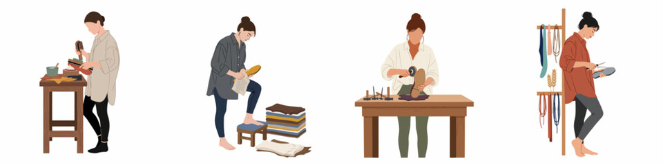 Fototapeta premium Collection of flat vector illustrations depicting female artisans at work in a shoemaking workshop, crafting and repairing leather footwear.