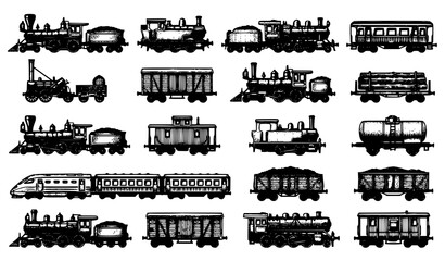 Vintage steam train and railway locomotive sketch set with retro transport engraving style vector illustration © RUBINA