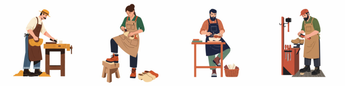 Set of illustrations showing traditional craftsmen and craftswomen carving and shaping handmade wooden clogs using various specialized woodworking tools on a white background.